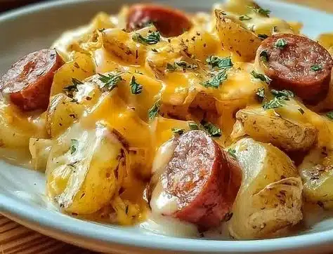 Cheesy Ranch Potatoes with Smoked Sausage served on a plate