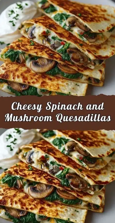 Cheesy spinach and mushroom quesadilla on a plate with melting cheese and fresh herbs.