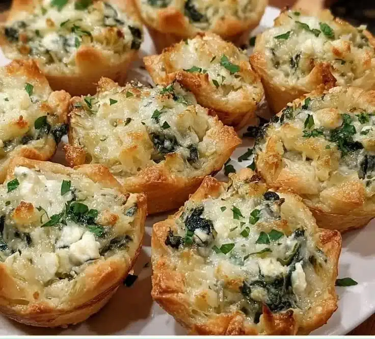 Cheesy Spinach Artichoke Dip Bites served in a baking dish