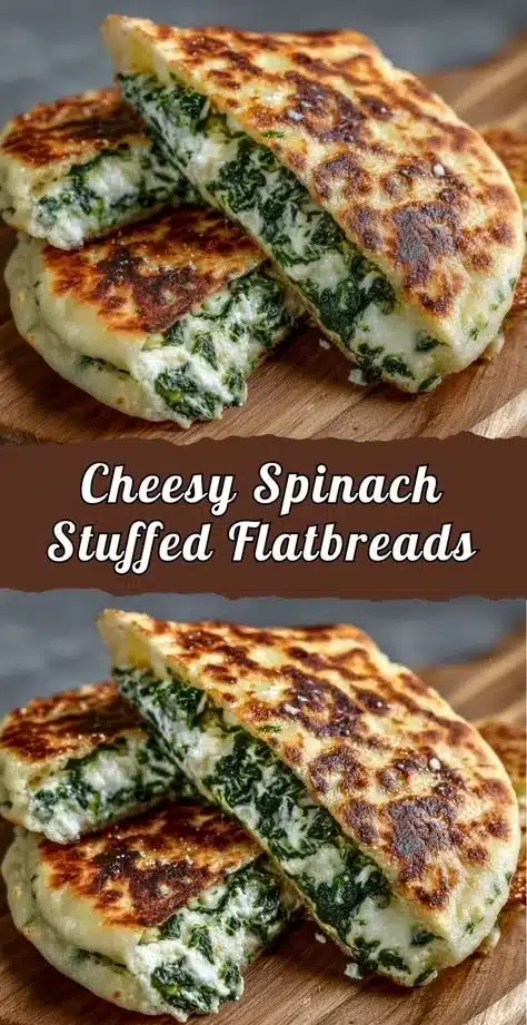 Cheesy spinach stuffed flatbreads served with dipping sauce on a plate.
