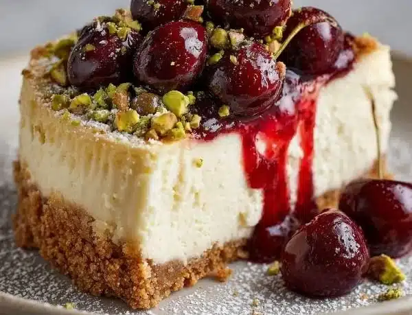 Delicious Cherry Pistachio Cheesecake topped with fresh cherries and pistachios