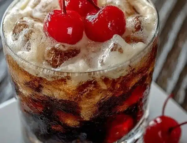 Cherry White Russian cocktail garnished with cherries and cream