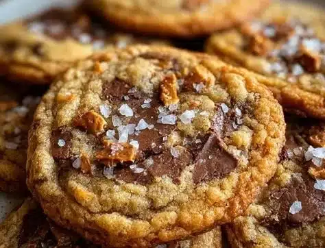 Delicious chewy toffee cookies on a cooling rack.