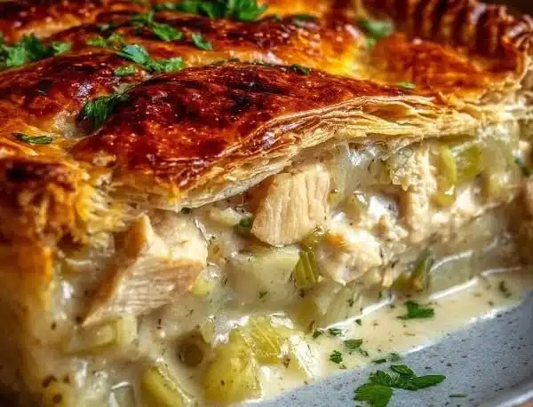 A delicious homemade chicken leek pie with golden crust and creamy filling.