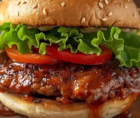 Delicious Chicken Teriyaki Burger with fresh toppings and sesame seeds