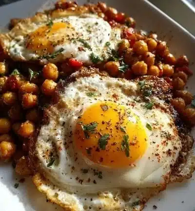 Delicious chickpea fried eggs served on a plate with herbs and spices.
