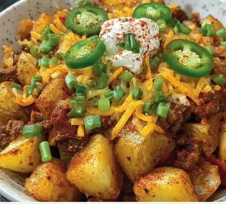 Chili Cheese Potato Skillet topped with melted cheese and savory chili.