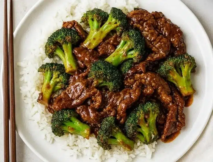 Delicious homemade Chinese beef and broccoli served in a bowl
