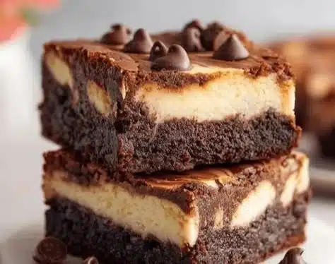 Delicious Chocolate Cheesecake Brownie topped with chocolate sauce