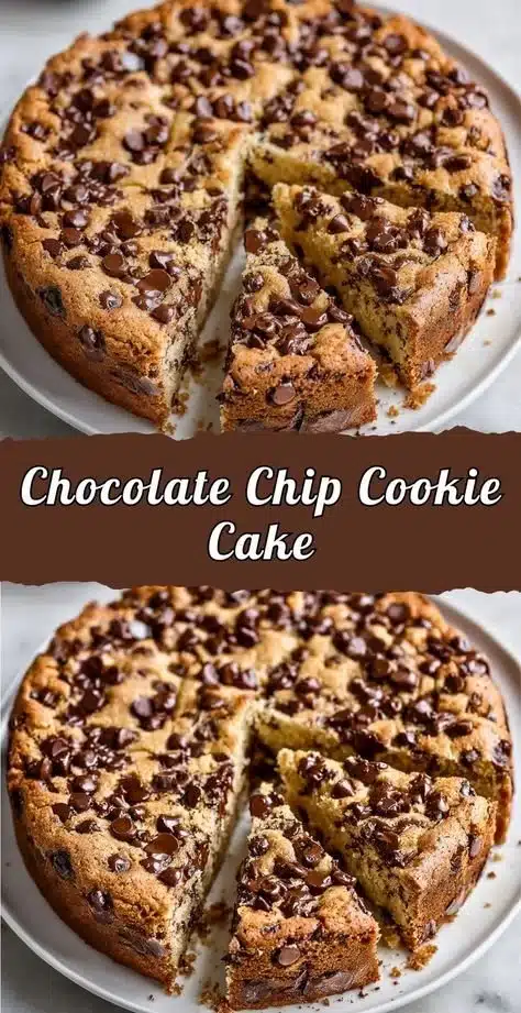 Delicious Chocolate Chip Cookie Cake topped with chocolate chips and frosting.