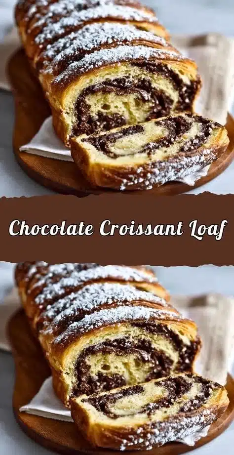 Chocolate croissant loaf featuring flaky layers and rich chocolate filling.