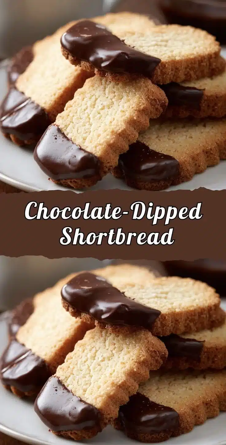 Plate of Chocolate-Dipped Shortbread cookies with a chocolate coating.