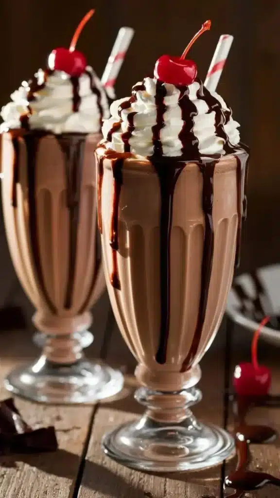 Delicious chocolate milkshake topped with whipped cream and chocolate sprinkles
