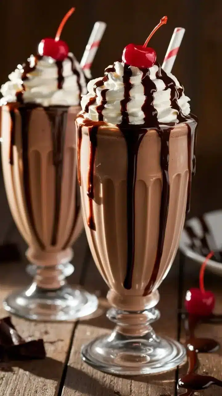 Delicious chocolate milkshake topped with whipped cream and chocolate sprinkles