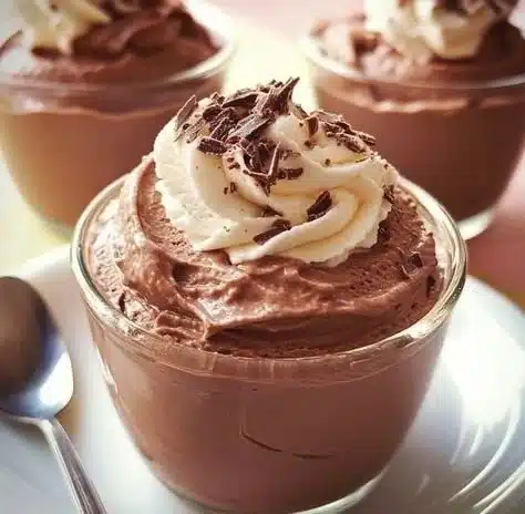 Delicious chocolate mousse dessert served in a glass with whipped cream
