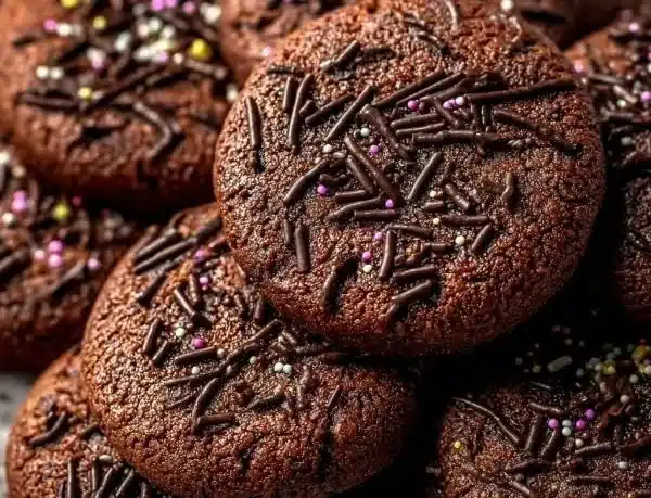 Chocolate sprinkle sugar cookies fresh out of the oven on a cooling rack.