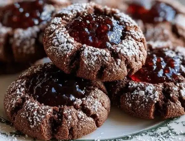Baked Chocolate Thumbprint Cookies filled with chocolate ganache on a cooling rack.