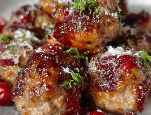 Delicious Christmas Cranberry Meatballs served on a festive platter