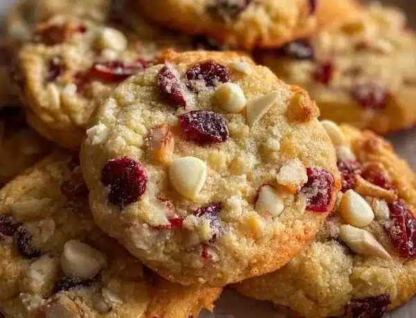 Plate of freshly baked Christmas Cranberry Orange Cookies with festive decorations