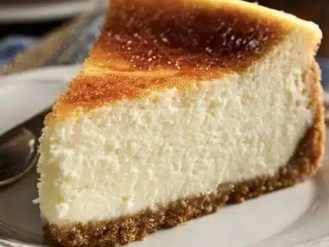 Slice of classic baked cheesecake on a plate with a fruit topping