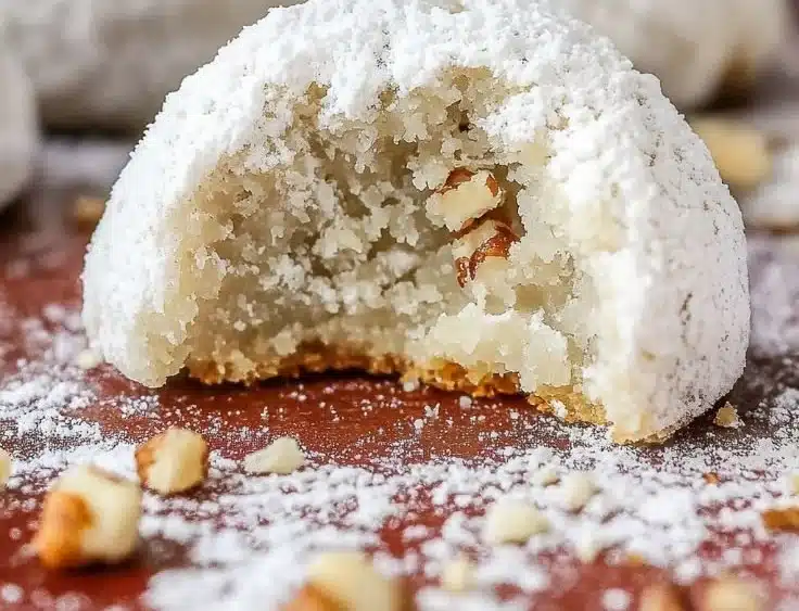 Plate of classic Russian Tea Cakes dusted with powdered sugar