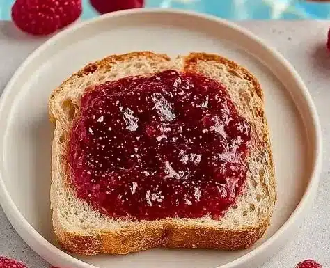 Classic Christmas Raspberry Jam in a jar with fresh raspberries