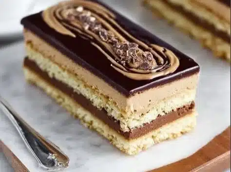 A slice of Classic Opera Cake with layers of chocolate and coffee flavors.