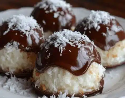 Delicious Coconut Chocolate Dome dessert, featuring rich chocolate and creamy coconut.