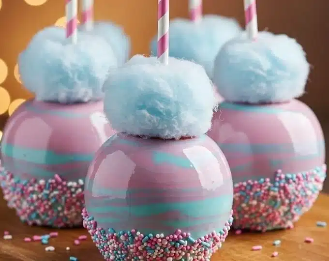 Colorful candy apples with cotton candy stacked on a table for a festive treat.