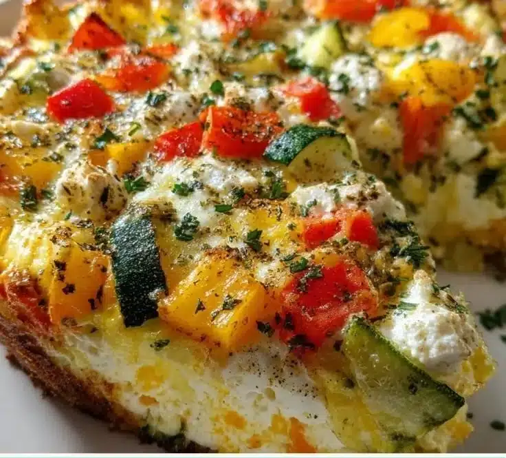 Cottage cheese and veggie bake served in a dish with fresh herbs