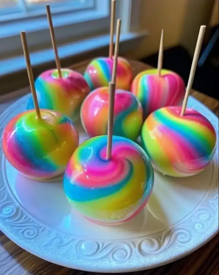 Glow-in-the-Dark Cotton Candy Swirl Candy Apples ready for a festive celebration