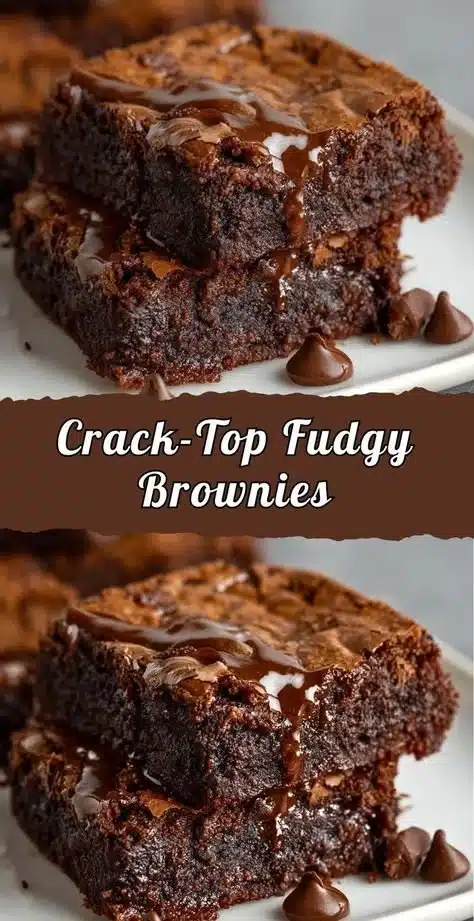 Delicious crack-top fudgy brownies with a rich, gooey texture and chocolate flavor.