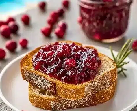 Jar of homemade Cranberry Orange Jam with fresh cranberries and oranges