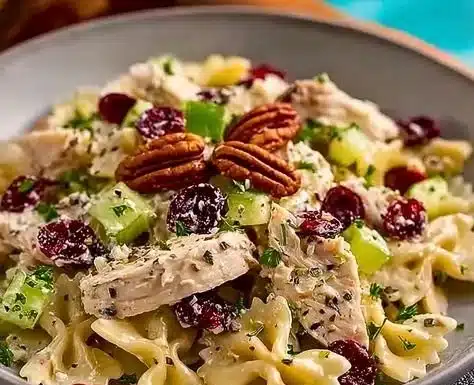 Bowl of vibrant cranberry pasta salad with fresh ingredients