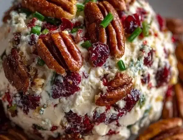Cranberry Pecan Cheese Ball garnished with nuts and herbs on a serving platter.