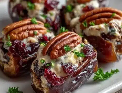 Cranberry pecan cream cheese stuffed dates on a white plate