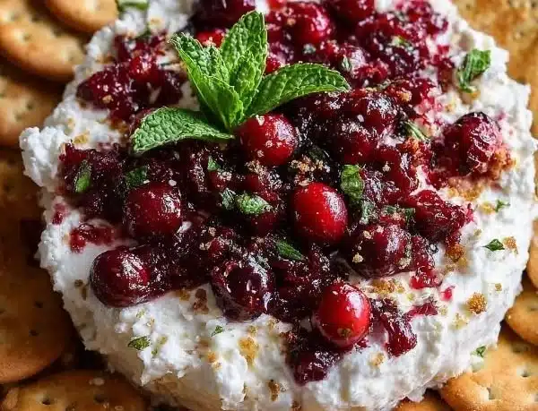 Cranberry Whipped Feta Dip served with crackers on a platter