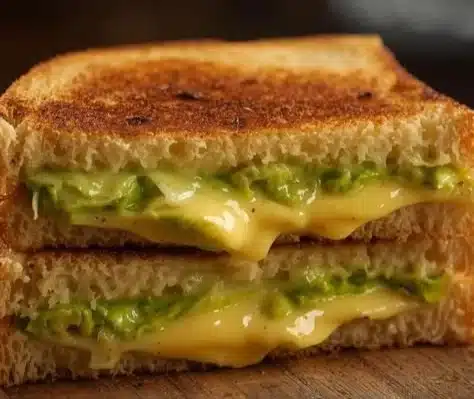 Creamy avocado grilled cheese sandwich with melted cheese