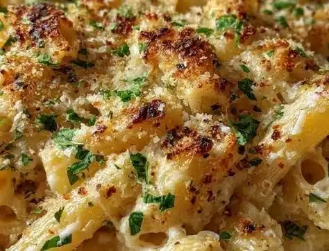 Creamy garlic parmesan pasta bake topped with fresh parsley