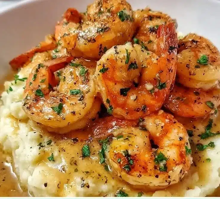 Creamy garlic shrimp dish served over fluffy mashed potatoes