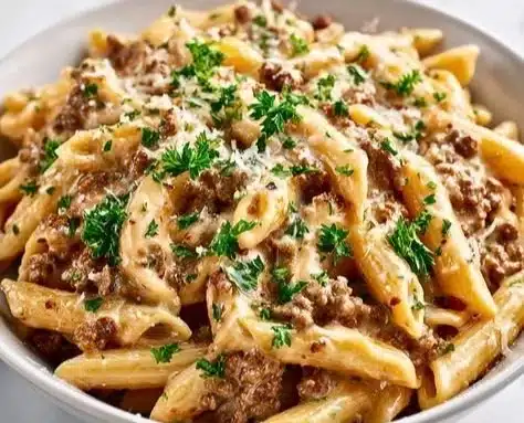 Creamy high protein beef pasta garnished with herbs