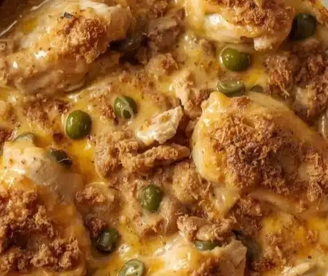 Creamy jalapeño popper chicken casserole topped with cheese and jalapeños