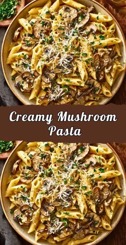 Creamy mushroom pasta served in a bowl with fresh herbs