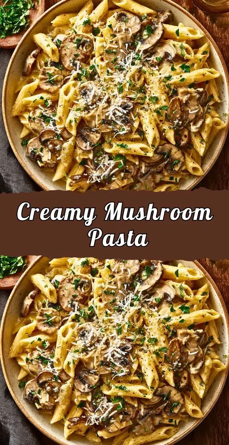 Creamy mushroom pasta served in a bowl with fresh herbs