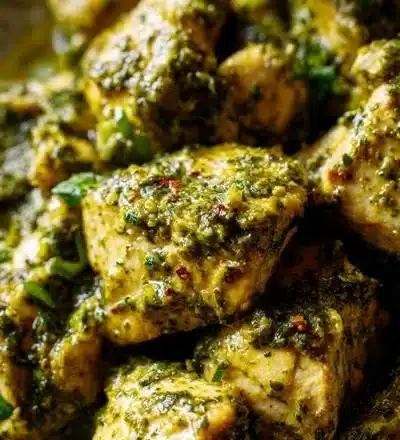 Creamy pesto chicken dish garnished with fresh basil and served on a plate