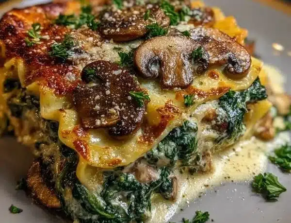 Creamy spinach mushroom lasagna topped with cheese, served in a baking dish.