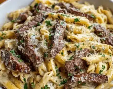 Creamy steak pasta dish with steak slices on top of pasta in a rich sauce