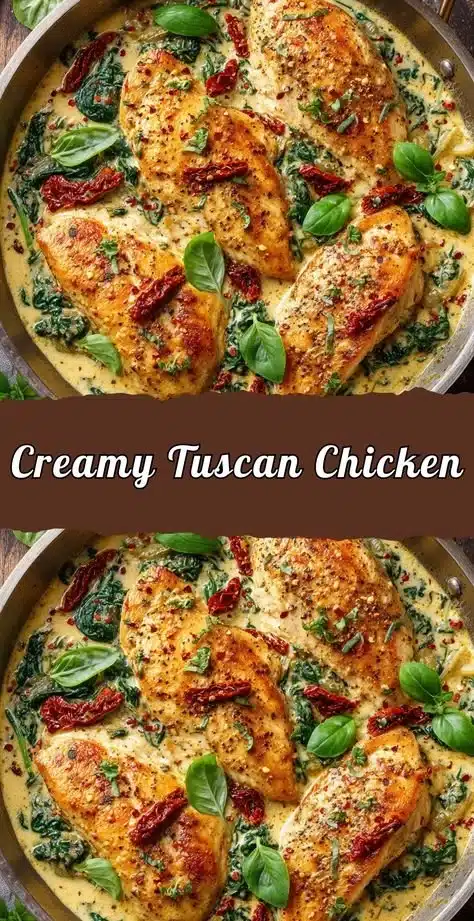 Creamy Tuscan chicken dish garnished with spinach and tomatoes