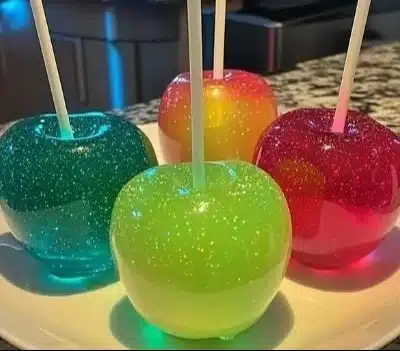 Delicious dark jolly rancher candy apples on a display tray