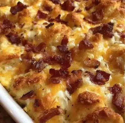 Delicious crescent roll breakfast casserole served with fresh herbs and toppings.